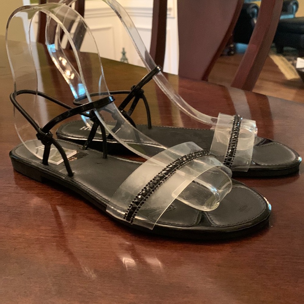 Black Open Sandals, Clear Band with Black Rhinestones, Ankle Straps. Size 9, 10